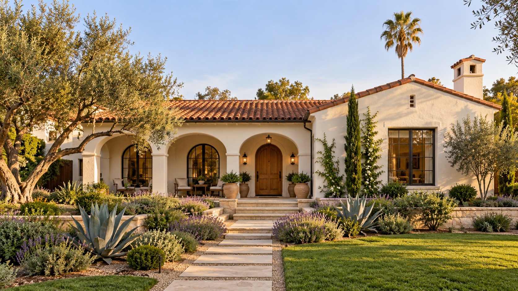 Illustrative Southern California home with an arched porch, olive trees and a welcoming garden